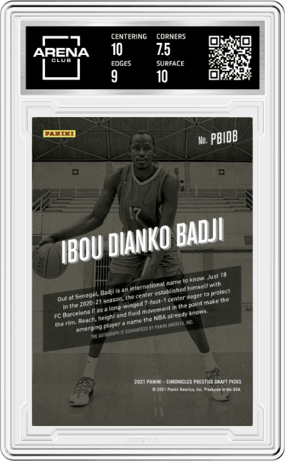 Ibou Dianko Badji from the 2021-22 Panini Chronicles Draft Picks set graded by Arena Club and given an overall grade of 8.