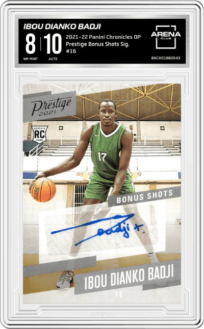 Ibou Dianko Badji from the 2021-22 Panini Chronicles Draft Picks set graded by Arena Club and given an overall grade of 8.