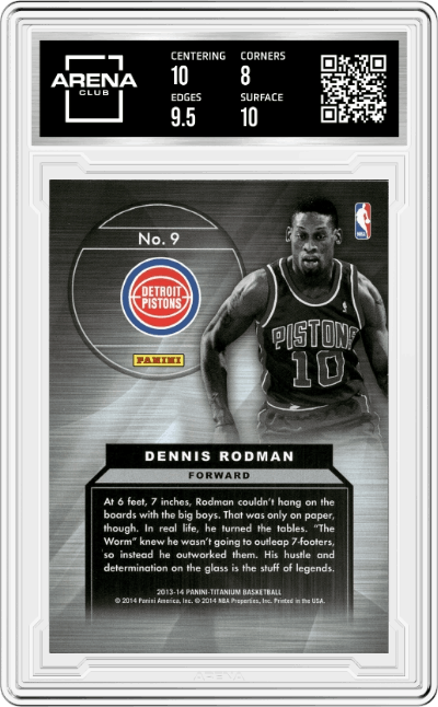Dennis Rodman from the 2013-14 Panini Titanium set graded by Arena Club and given an overall grade of 8.5.