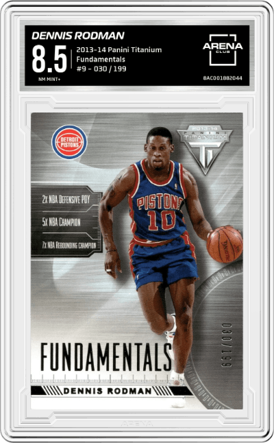 Dennis Rodman from the 2013-14 Panini Titanium set graded by Arena Club and given an overall grade of 8.5.