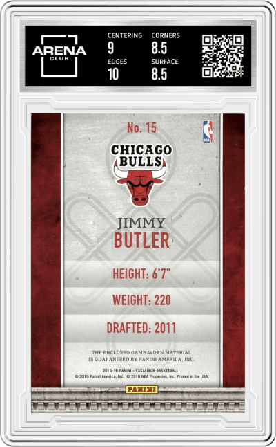 Jimmy Butler from the 2015-16 Panini Excalibur set graded by Arena Club and given an overall grade of 9.