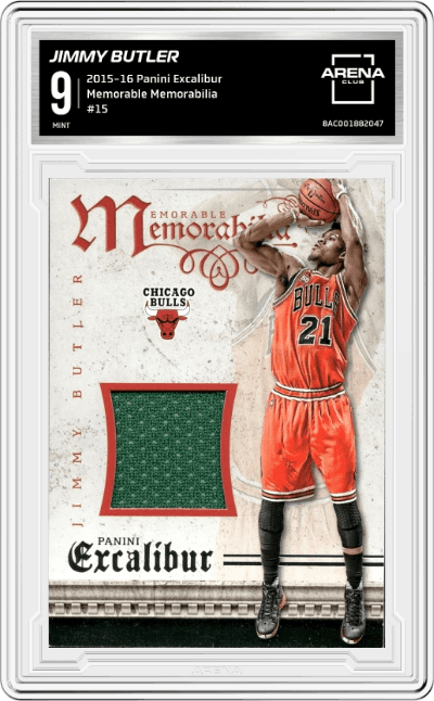 Jimmy Butler from the 2015-16 Panini Excalibur set graded by Arena Club and given an overall grade of 9.