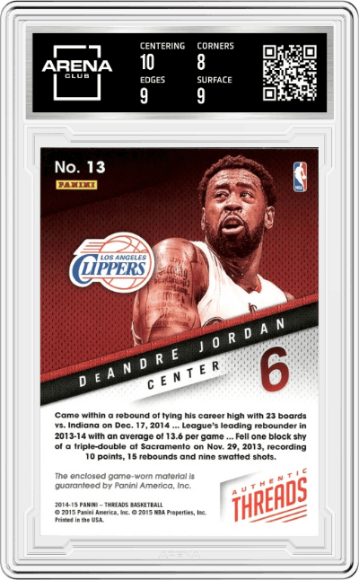 DeAndre Jordan from the 2014-15 Panini Threads set graded by Arena Club and given an overall grade of 8.5.