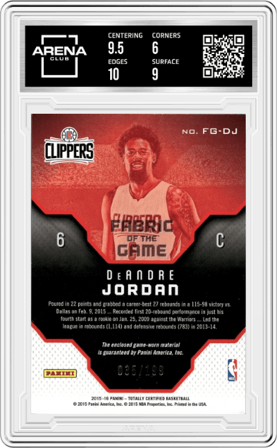 DeAndre Jordan from the 2015-16 Panini Totally Certified set graded by Arena Club and given an overall grade of 6.5.