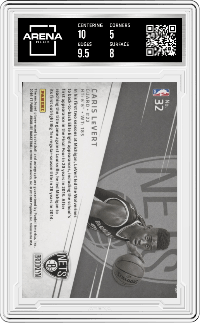Caris LeVert  from the 2016-17 Panini Absolute  set graded by Arena Club and given an overall grade of 5.5.