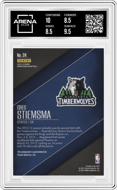 Greg Stiemsma from the 2012-13 Panini Innovation Basketball set graded by Arena Club and given an overall grade of 9.