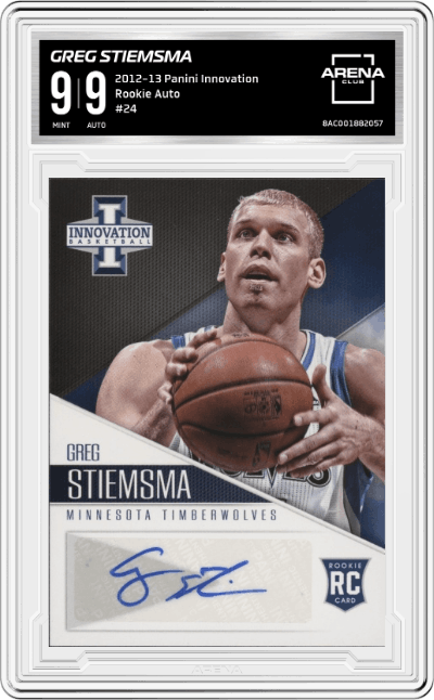 Greg Stiemsma from the 2012-13 Panini Innovation Basketball set graded by Arena Club and given an overall grade of 9.