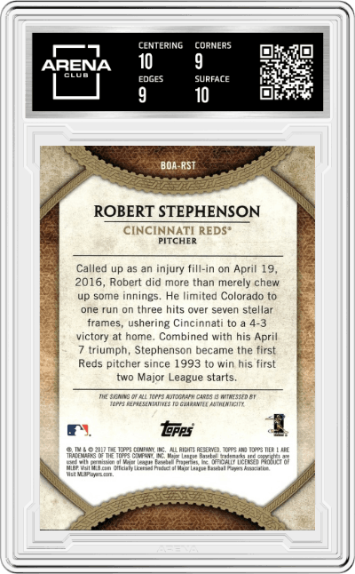 Robert Stephenson from the 2017 Topps Tier One set graded by Arena Club and given an overall grade of 9.5.