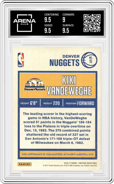 Kiki Vandeweghe from the 2016-17 Panini Prestige  set graded by Arena Club and given an overall grade of 9.5.