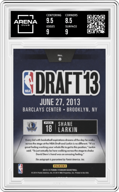 Shane Larkin from the 2013-14 Panini Titanium set graded by Arena Club and given an overall grade of 9.