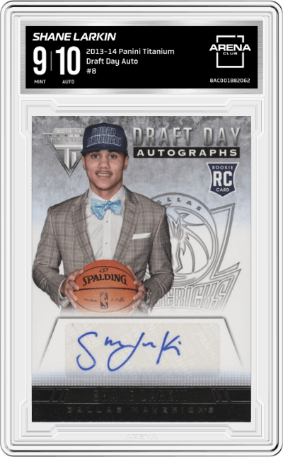 Shane Larkin from the 2013-14 Panini Titanium set graded by Arena Club and given an overall grade of 9.