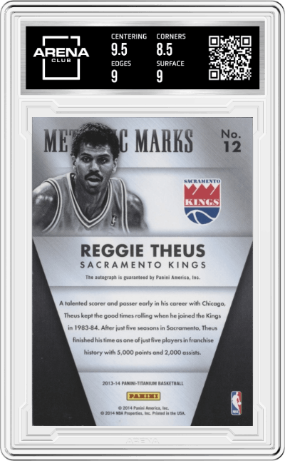 Reggie Theus from the 2013-14 Panini Titanium set graded by Arena Club and given an overall grade of 9.