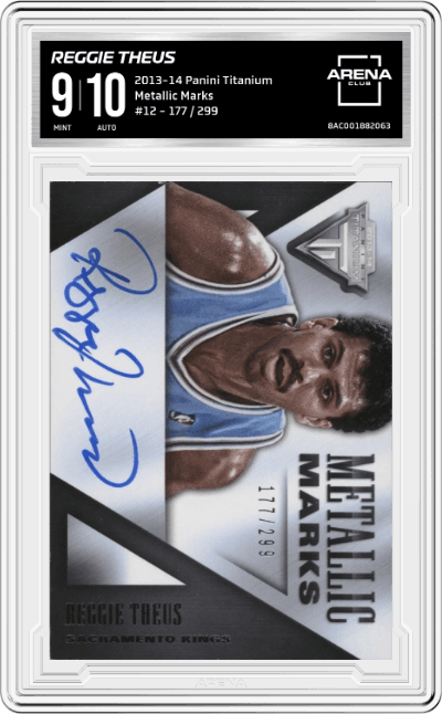 Reggie Theus from the 2013-14 Panini Titanium set graded by Arena Club and given an overall grade of 9.