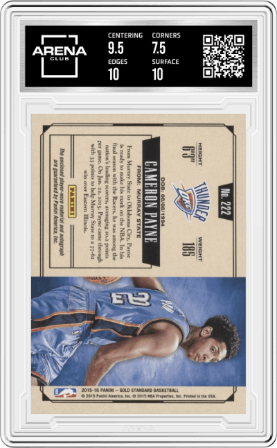 Cameron Payne from the 2015-16 Panini Gold Standard set featuring a Prime parallel graded by Arena Club and given an overall grade of 8.