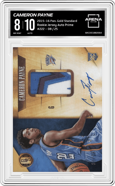Cameron Payne from the 2015-16 Panini Gold Standard set featuring a Prime parallel graded by Arena Club and given an overall grade of 8.