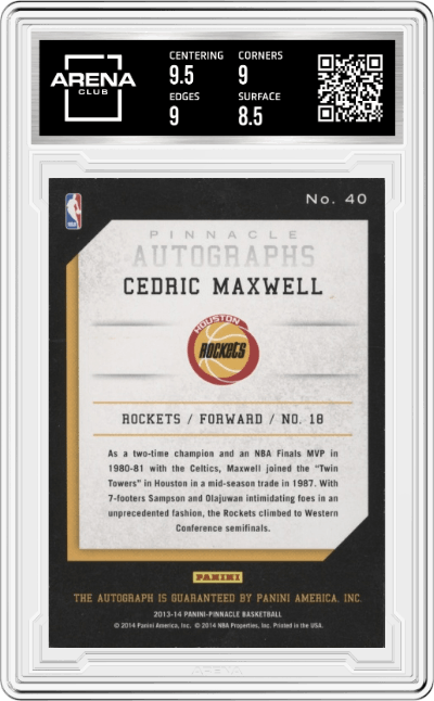 Cedric Maxwell from the 2013-14 Panini Pinnacle set graded by Arena Club and given an overall grade of 9.