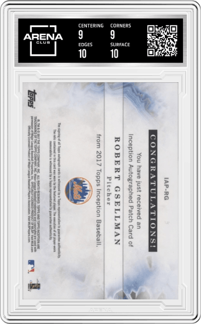 Robert Gsellman from the 2017 Topps Inception set featuring a Magenta parallel graded by Arena Club and given an overall grade of 9.5.