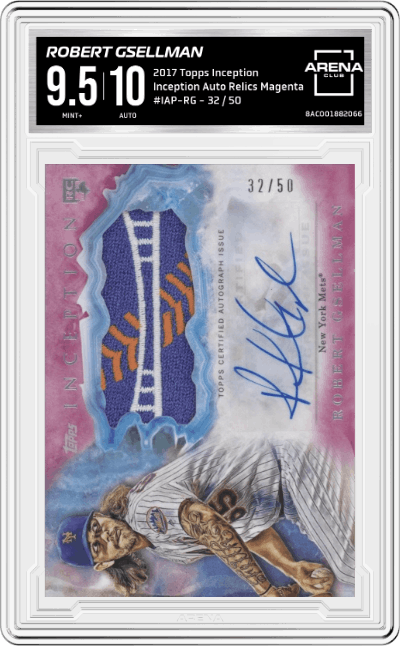 Robert Gsellman from the 2017 Topps Inception set featuring a Magenta parallel graded by Arena Club and given an overall grade of 9.5.