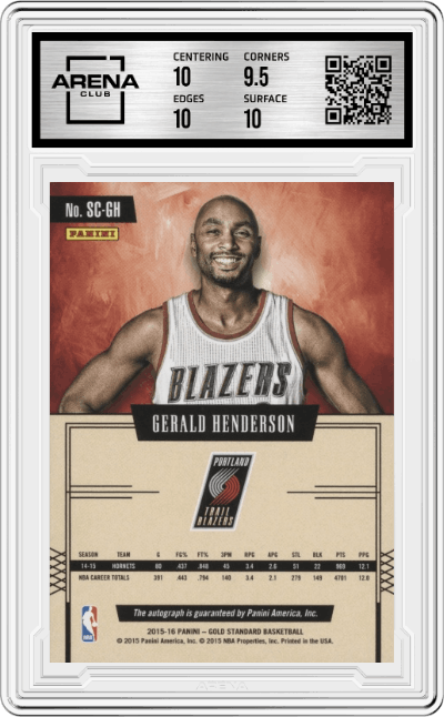 Gerald Henderson from the 2015-16 Panini Gold Standard set graded by Arena Club and given an overall grade of 10.