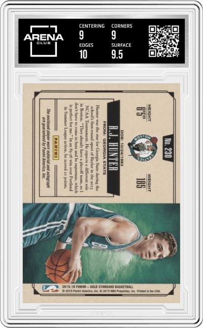 R.J. Hunter from the 2015-16 Panini Gold Standard set graded by Arena Club and given an overall grade of 9.5.