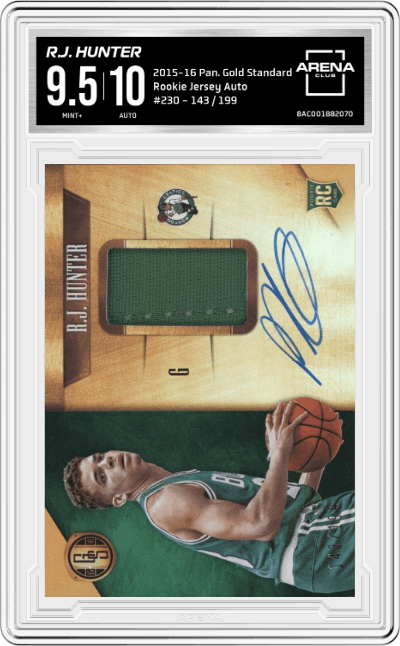 R.J. Hunter from the 2015-16 Panini Gold Standard set graded by Arena Club and given an overall grade of 9.5.