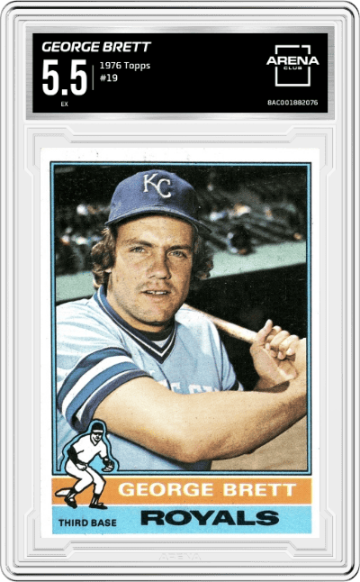 George Brett from the 1976 Topps set graded by Arena Club and given an overall grade of 5.5.
