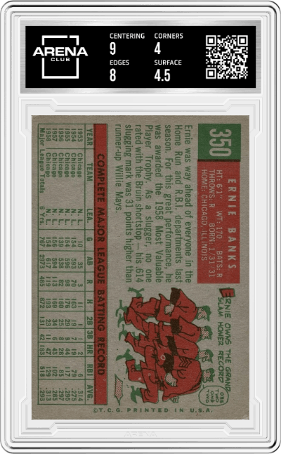 Ernie Banks from the 1959 Topps set graded by Arena Club and given an overall grade of 4.5.