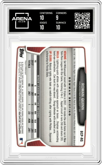 Roman Quinn from the 2013 Bowman set graded by Arena Club and given an overall grade of 9.5.
