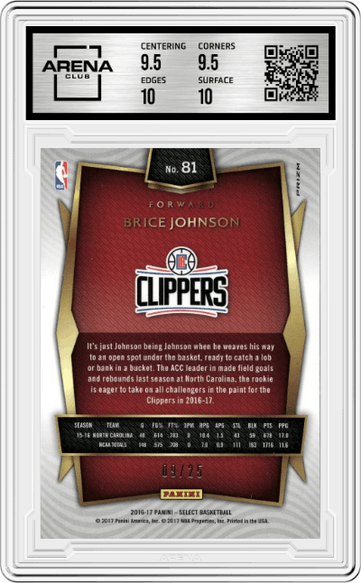 Brice Johnson from the 2016-17 Panini Select set featuring a Tie-Dye Prizm parallel graded by Arena Club and given an overall grade of 10.