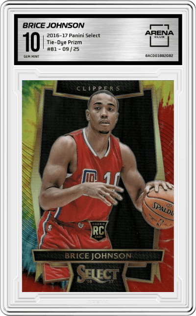 Brice Johnson from the 2016-17 Panini Select set featuring a Tie-Dye Prizm parallel graded by Arena Club and given an overall grade of 10.