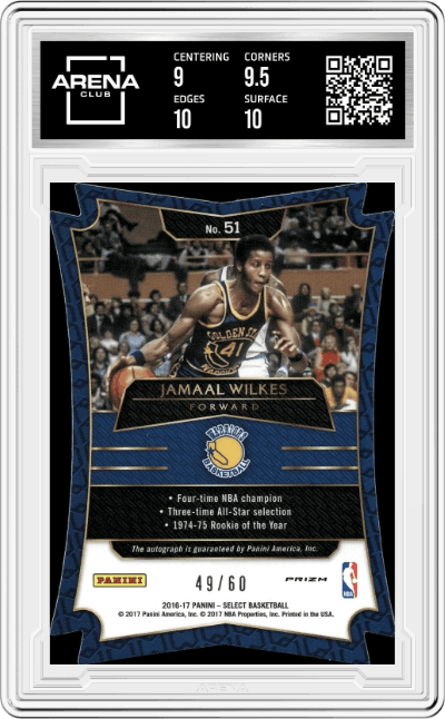 Jamaal Wilkes from the 2016-17 Panini Select set featuring a Pulsar parallel graded by Arena Club and given an overall grade of 9.5.