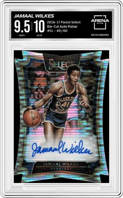 Jamaal Wilkes from the 2016-17 Panini Select set featuring a Pulsar parallel graded by Arena Club and given an overall grade of 9.5.