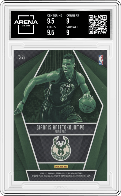 Giannis Antetokounmpo from the 2016-17 Panini Totally Certified set graded by Arena Club and given an overall grade of 9.5.