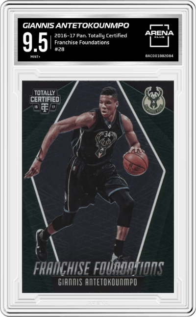 Giannis Antetokounmpo from the 2016-17 Panini Totally Certified set graded by Arena Club and given an overall grade of 9.5.