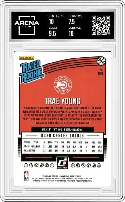 Trae Young from the 2018-19 Panini Donruss  set graded by Arena Club and given an overall grade of 8.