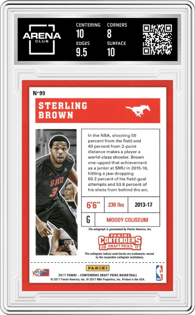 Sterling Brown from the 2017-18 Panini Contenders Draft Picks set featuring a Ticket Playoff parallel graded by Arena Club and given an overall grade of 8.5.