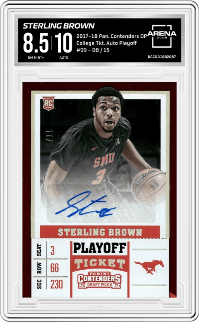 Sterling Brown from the 2017-18 Panini Contenders Draft Picks set featuring a Ticket Playoff parallel graded by Arena Club and given an overall grade of 8.5.