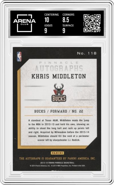 Khris Middleton from the 2013-14 Panini Pinnacle set graded by Arena Club and given an overall grade of 9.