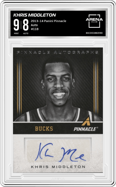 Khris Middleton from the 2013-14 Panini Pinnacle set graded by Arena Club and given an overall grade of 9.