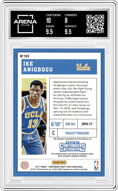 Ike Anigbogu from the 2017-18 Panini Contenders Draft Picks set featuring a Ticket Draft Variation parallel graded by Arena Club and given an overall grade of 8.5.