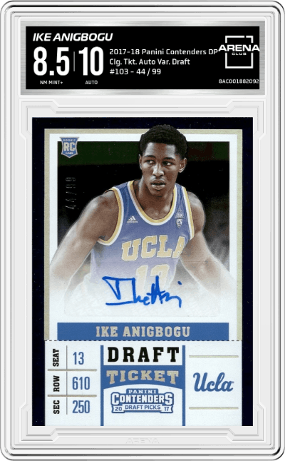 Ike Anigbogu from the 2017-18 Panini Contenders Draft Picks set featuring a Ticket Draft Variation parallel graded by Arena Club and given an overall grade of 8.5.