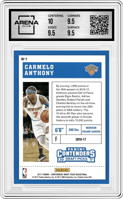 Carmelo Anthony from the 2017-18 Panini Contenders Draft Picks set featuring a Draft Ticket parallel graded by Arena Club and given an overall grade of 10.
