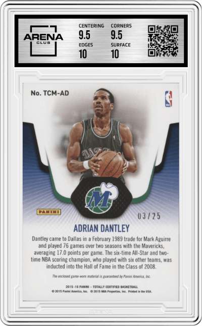 Adrian Dantley  from the 2015-16 Panini Totally Certified set featuring a Camo parallel graded by Arena Club and given an overall grade of 10.