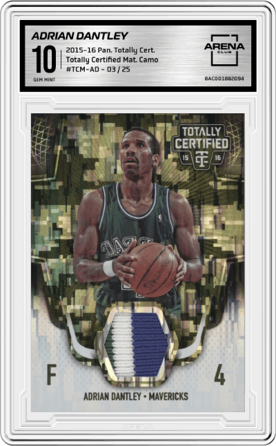 Adrian Dantley  from the 2015-16 Panini Totally Certified set featuring a Camo parallel graded by Arena Club and given an overall grade of 10.