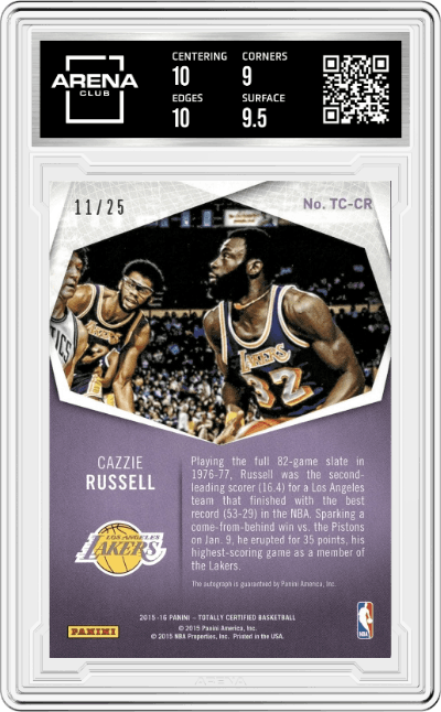 Cazzie Russell from the 2015-16 Panini Totally Certified set featuring a Mirror Camo parallel graded by Arena Club and given an overall grade of 9.5.