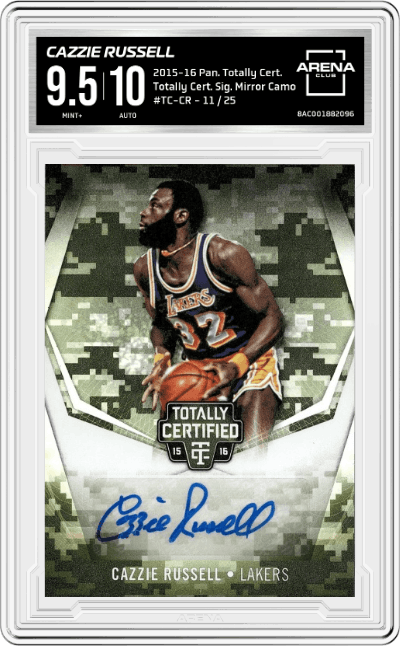 Cazzie Russell from the 2015-16 Panini Totally Certified set featuring a Mirror Camo parallel graded by Arena Club and given an overall grade of 9.5.