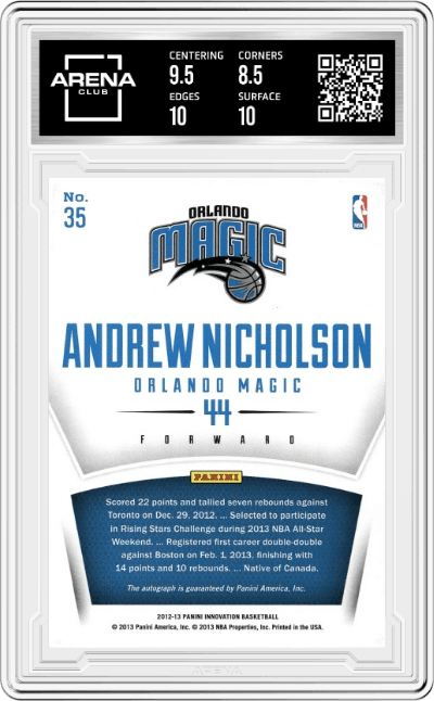 Andrew Nicholson from the 2012-13 Panini Innovation Basketball set graded by Arena Club and given an overall grade of 9.