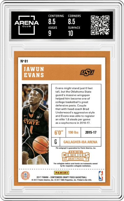 Jawun Evans from the 2017-18 Panini Contenders Draft Picks set graded by Arena Club and given an overall grade of 9.