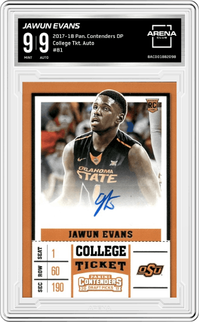 Jawun Evans from the 2017-18 Panini Contenders Draft Picks set graded by Arena Club and given an overall grade of 9.