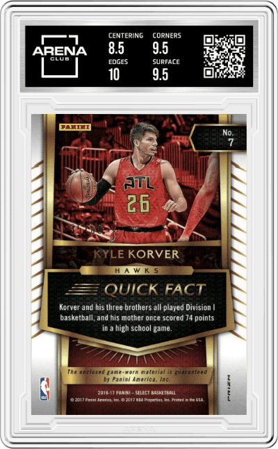 Kyle Korver from the 2016-17 Panini Select set featuring a Orange Prizm parallel graded by Arena Club and given an overall grade of 9.